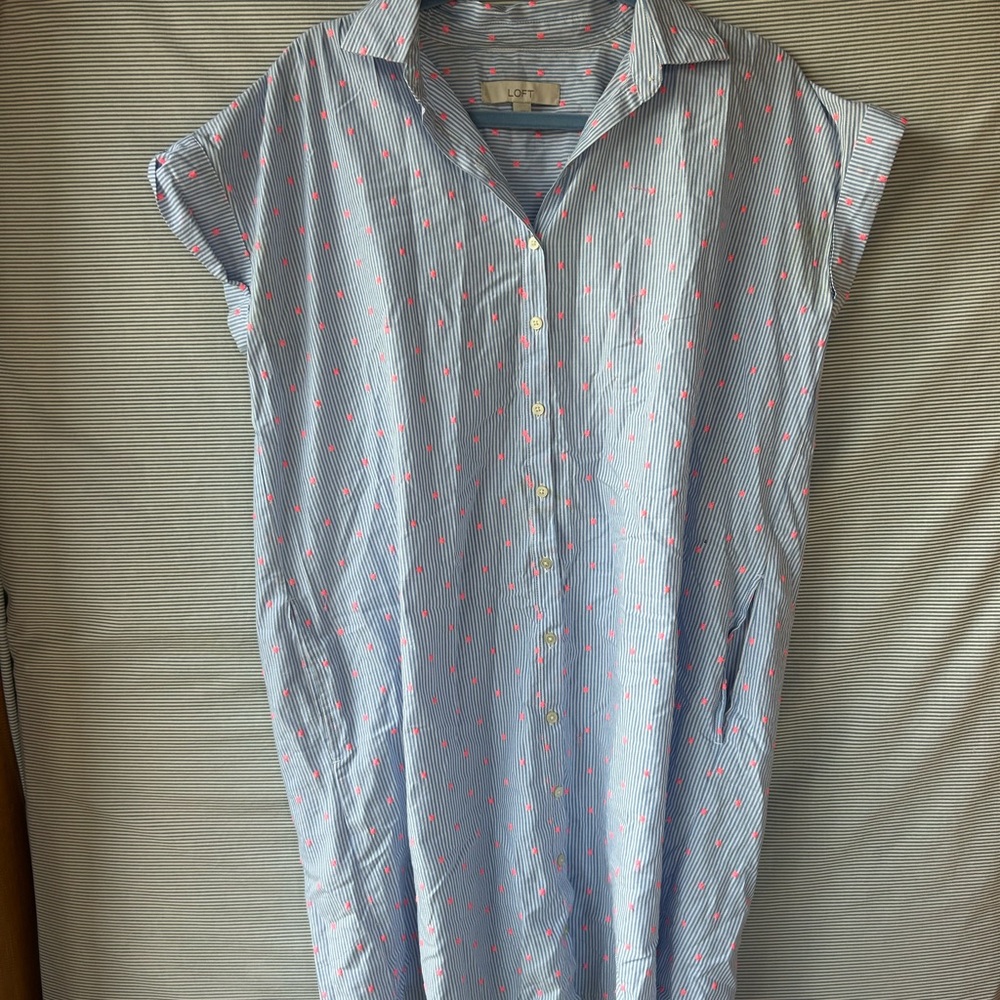 LOFT Blue and Pink Striped Shirt Dress